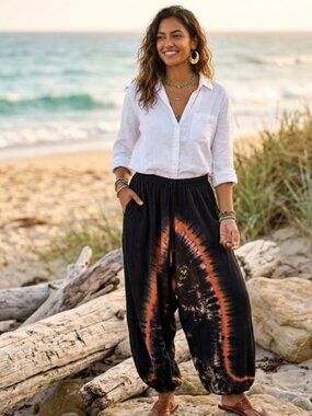 Thai Harem Pants Tie Dye Black One Size Elastic Waist Boho Hippie Festival Beach
